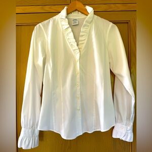 Brooks Brothers Classic White Blouse Ruffle V-Neck Button Front / 10